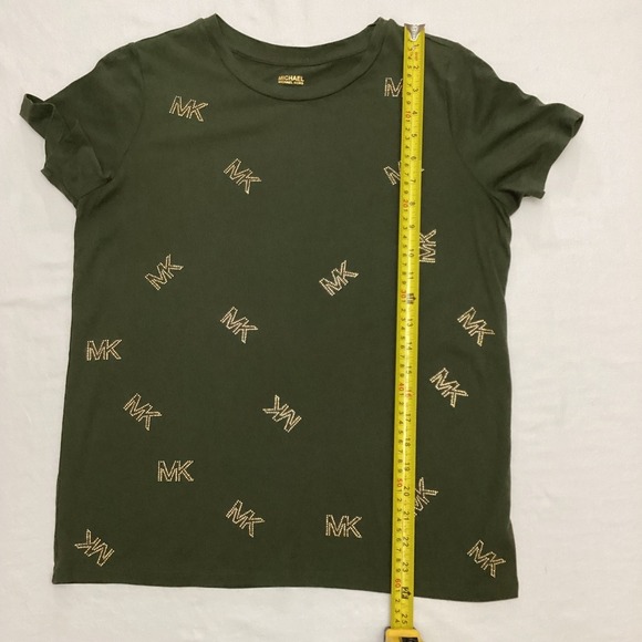 Michael Kors MK Logo Studded Olive Green Cotton Blend TShirt Womens Size S - Picture 4 of 7